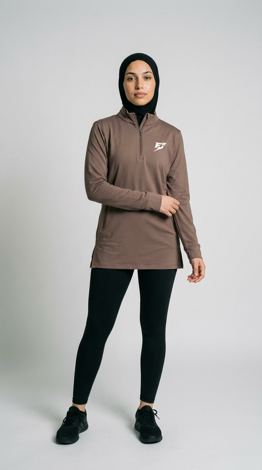 EARNED Women’s Modest Performance 1/4 Zip – Taupe