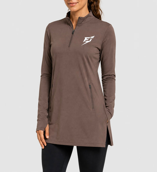EARNED Women’s Modest Performance 1/4 Zip – Taupe