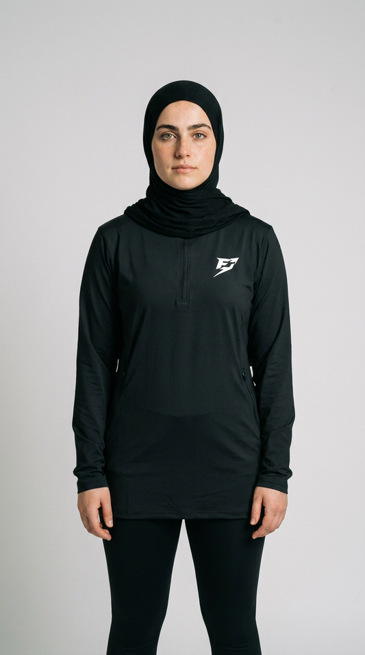 EARNED Women’s Modest Performance 1/4 Zip – Black