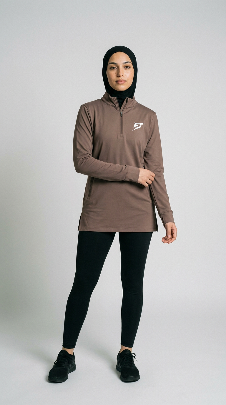 EARNED Women’s Modest Performance 1/4 Zip – Taupe