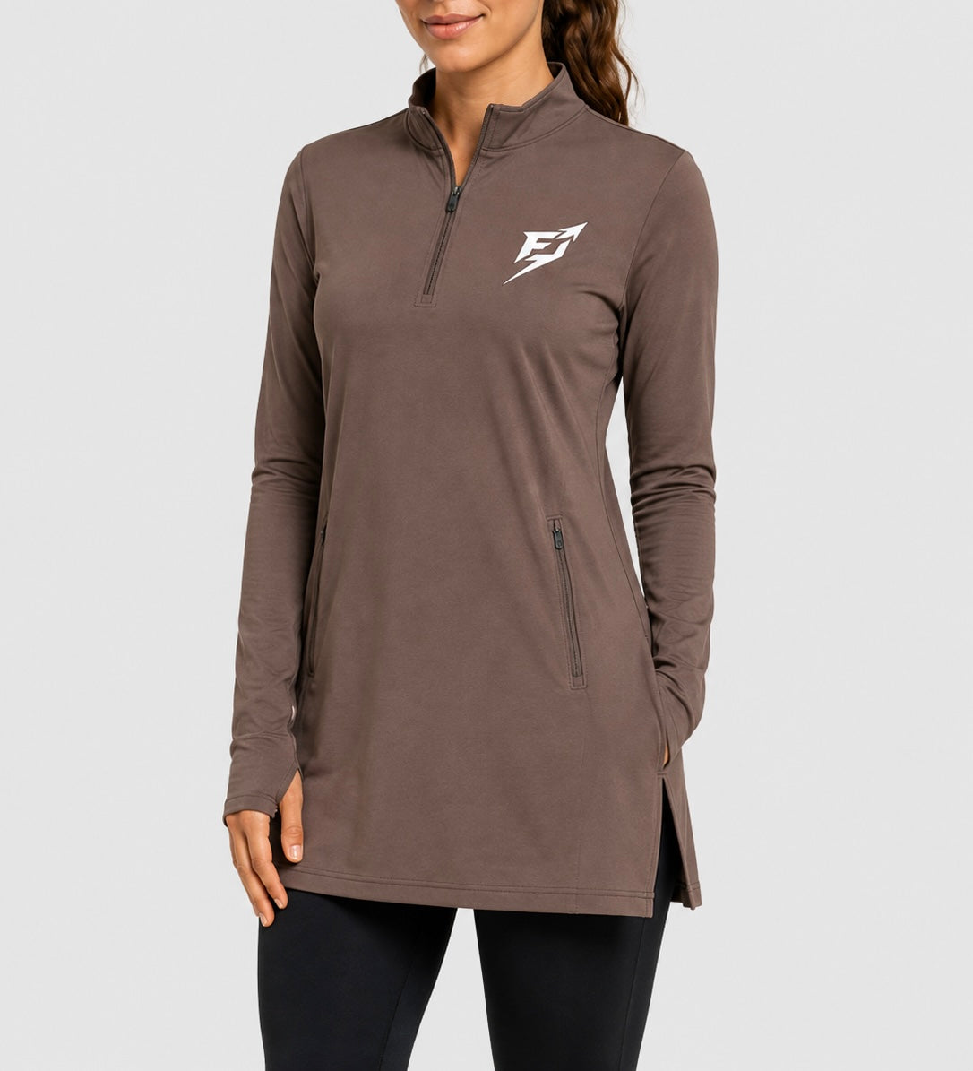 EARNED Women’s Modest Performance 1/4 Zip – Taupe