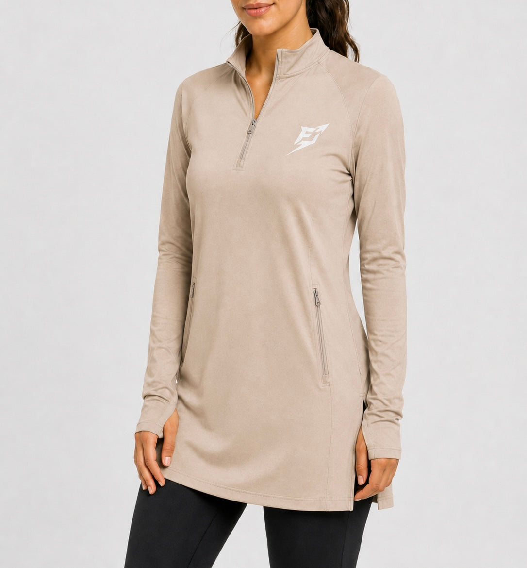 EARNED Women’s Modest Performance 1/4 Zip – Sand