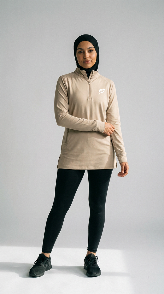 EARNED Women’s Modest Performance 1/4 Zip – Sand