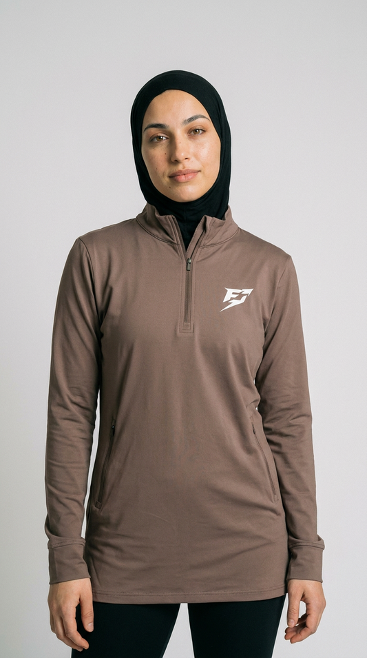 EARNED Women’s Modest Performance 1/4 Zip – Taupe
